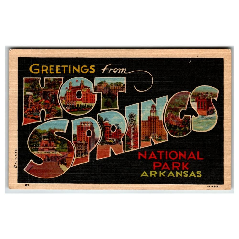 Greetings from Hot Springs National Park Arkansas Large Letter Linen Postcard